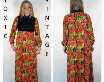 VINTAGE 1970's Geometric Print Maxi Dress, Size 12, Retro, Chic, Party, Festival, Disco, Unique