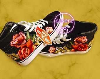 Embroidered Roses Custom Vans Unisex Sneakers, Sk8-Hi, custom floral vans, hand painted shoes, hi top shoes,old skool vans