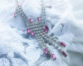 Vintage Elegant Pink and Clear Ice Rhinestone Necklace - 1990 - Excellent Condition - Special Occasion - Bridal Shower - Wedding
