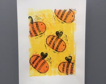 Bumble Bees Acrylic Linocut Print