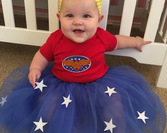 Baby Wonder Woman costume (traditional blue tutu), Baby Halloween costume, Baby birthday costume girl