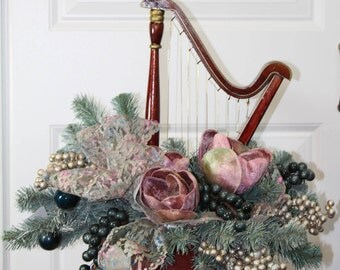 Centerpiece, Harp, Blue Spruce, Velvet Tulips, Berries