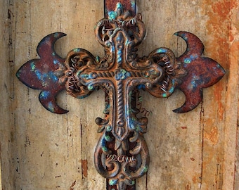 Fleur de lis Cross, Wall Crosses, Fleur de lis Wall Decor, Cross Decor, Rustic Cross, Rusty Cross, Iron Cross, Metal Cross, Industrial Cross
