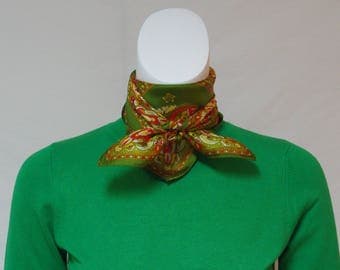 Vintage Twill Scarf, Gold Green Red Classical Print Scarf, Damask Print Scarf, Small Square Scarf,