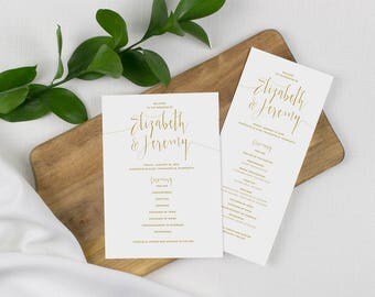 elegant gold wedding program, script lettering , formal wedding program, gold and white wedding program, printed programs