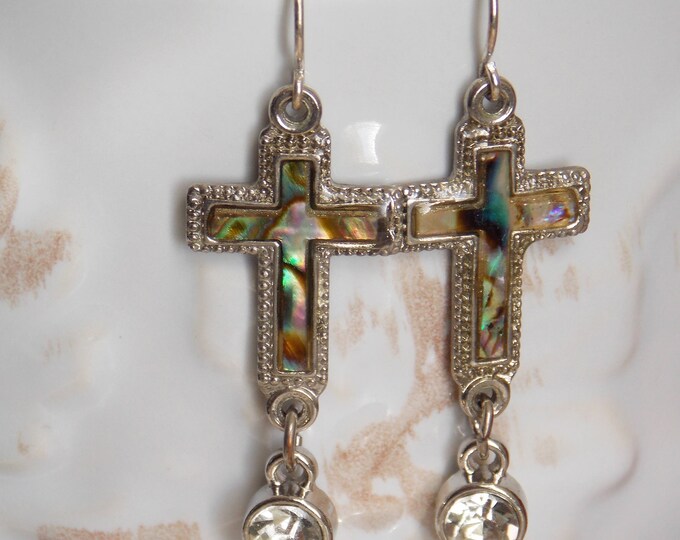 Mother of Pearl Abalone Shell Cross Earrings Pierced Dangling Minimalist One of Kind 1970s Rhinestone Christian Boho Bohemian Chic