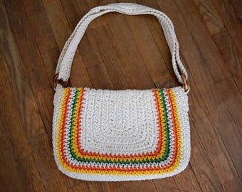 Vintage 70s MACRAME Crochet WOVEN RAINBOW Purse