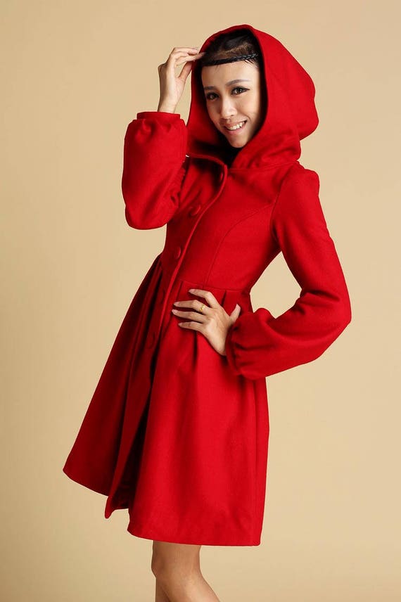 Red wool coat hooded coat red jacket winter coat fitted