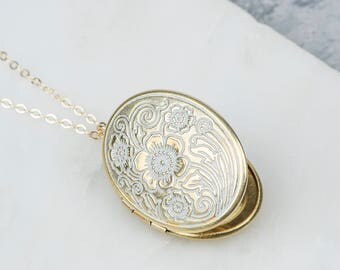 Oval Flower Locket Necklaces, White Locket Floral Necklace, Long Necklace Locket With Floral Design, Pendent with Aqua Blue or White Accent