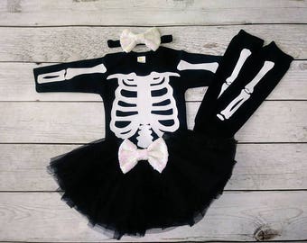 Baby girl Halloween costume Girls costume Tutu costume Toddler Skeleton Costume Infant Girl Halloween Skeleton Long Sleeve Shirt- Leg Warmer