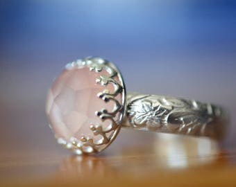 Rose Quartz Ring, Renaissance Ring, Natural Gemstone, Customized Engraving, Personal Message, Engravable Jewelry, Floral Band
