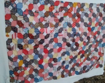 Quilt Top~Vintage fabrics~Handmade~ Scrappy~ X & O pattern~Machine~ Unfinished