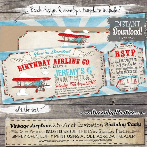 Vintage Airplane Ticket Invitation - INSTANT DOWNLOAD - Partially Editable & Printable Aeroplane, Airline, Boys Birthday Party Invite Il_570xn