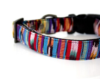 Colorful woven IKAT Dog Collar - red, yellow, purple, black