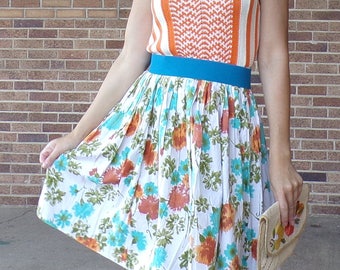 1950's FLORAL COTTON SKIRT aqua orange green xs 23 24 waist