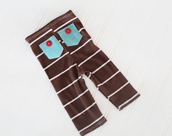 Mr. Handsome - newborn pants in ribbed chocolate brown knit with cream stripes, aqua pockets and red buttons (RTS)