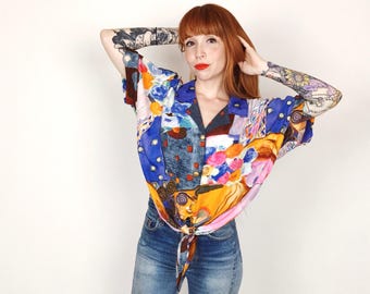 Abstract Art Colorful Watercolor Rainbow Tie Up Vintage Cropped Blouse Top // Women's size Large L