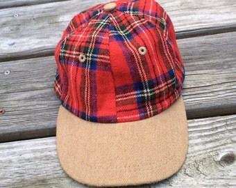 Vintage Plaid Tartan Baseball Cap // Vintage Fall Hat // Vintage Plaid Hat // Red Plaid & Camel Wool Hat // Elastic Back