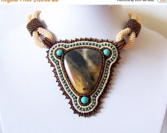 40% SALE Statement Beadwork Bead Embroidery Pendant Necklace with Multi-Color Amazonite - AMBER SONG - Fall Fashion - Creamy - brown