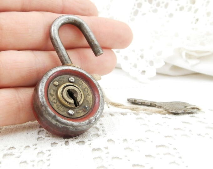 Vintage Working French Small Round Padlock with 1 Working Key, Tiny 1950s 1960s Steel and Brass Industrial Pad Lock, Lock Collector