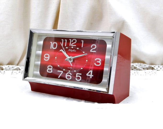 Vintage Working Mid Century 1960s Chrome and Red Metallic Mechanical Rhythm Wind Up Alarm Clock Made in Japan, Japanese Rectangular Clock