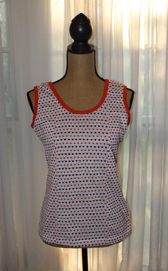 Vintage 1970's Tank Top White With Red And Black Polka