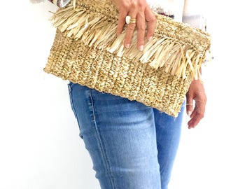 Clutch Fringe Handbag, Beach Purse Tassel, Ibiza Clutch, Boho Bag, Straw Clutch Bag Natural