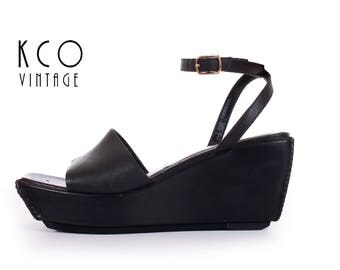 90s Platform Sandals Wedge Sandals Chunky Platform Shoes Black Strappy Sandals 90s Club Kid Goth Women's Size US 6 / UK 4 / EUR 36-37