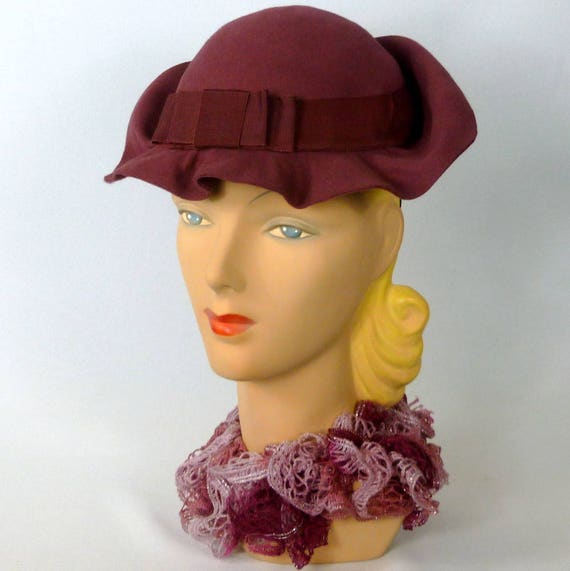 Marsala Wool Felt Fascinator Hat Reproduction 1930s to 1940s