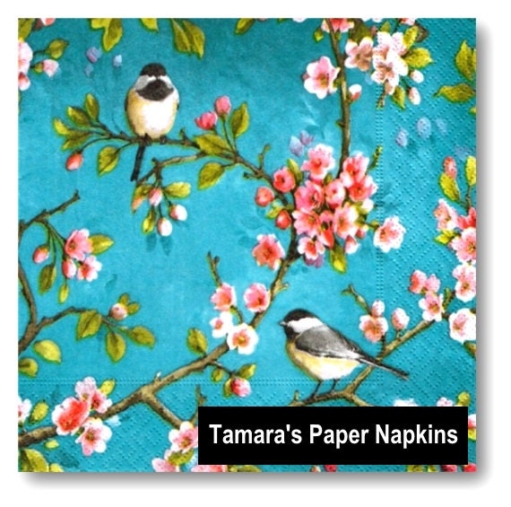 4 Decoupage Napkins, Paper Napkins, BLOSSOM BIRDS, TEAL, 33cm 13 Inch