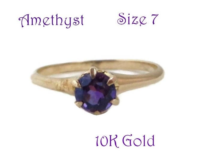 Amethyst Solitaire Ring, 10K Gold Ring, Yellow Gold Amethyst Ring - Vintage Estate Amethyst, 0.35 Carat, February Birthstone, Size 7