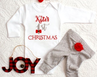Baby Christmas first christmas bodysuit with bow headband personalized baby shirt monogrammed holiday gift holiday photos santa visit