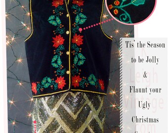 Ugly Christmas Sweater Vest, Tacky Christmas Vest, Size Medium Vest, Red Vest with Patches, Ugly Christmas Embroidered Vest, Patchwork Vest