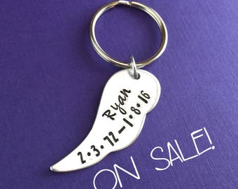 30% OFF! Personalized Hand Stamped Keychain Angel Wing, Custom Gift, Name Keychain, Memorial Gift, Cremation Jewelry, Personalized Gift