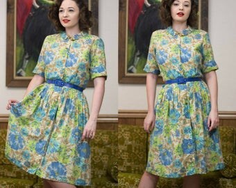 50s Tropical Dress | 50s Shirt Dress | 50s Floral Dress | 50s Dress | 50s Day Dress | 50s Sundress | 1950s Dress | 50s Cotton Dress | 28"