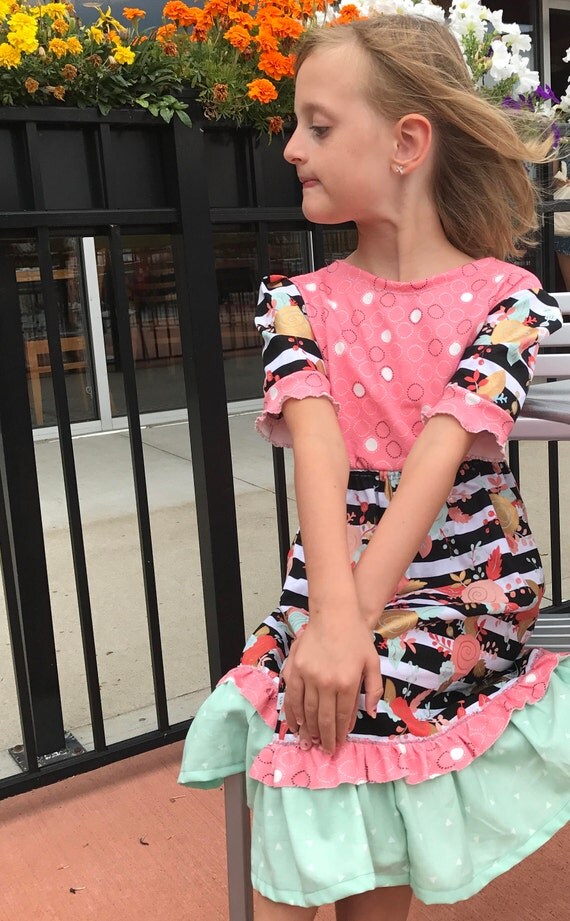 Girls dress,girls fall dress,girls flowered dress,toddler dress,peach and green dress,striped dress,girls fancy dress,girls long dress
