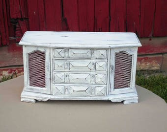 Vintage Upcycled Wood Jewelry Box Shabby Cottage Chic Distressed White ,Nice,Large