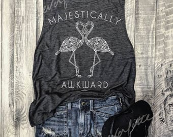 MAJESTICALLY AWKWARD Muscle Tee in Charcoal/White, Flamingo, Summer, Workout Top, Muscle Tank, Funny Shirt, Workout Tank, Yoga Vest