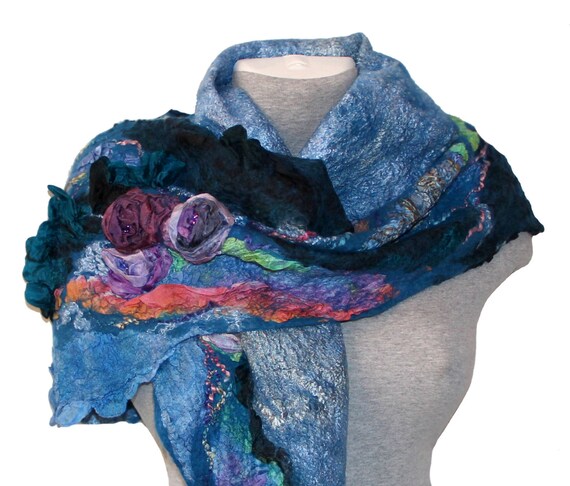 Felted Wool Scarf Blue Shawl Nuno Felted Scarf Wrap Wool Silk 