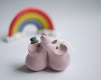Pink Elephant Bride and Groom Wedding Cake Topper (With or Without Rainbow)
