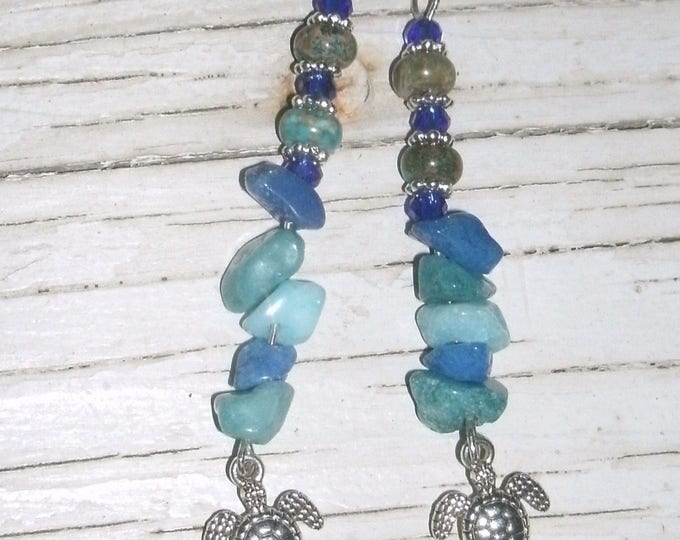 Sea Turtle Earrings, Blue Beaded long dangle earrings, boho, silver sea turtle charms, various blues mix, quartz crystal, Chrysocolla, plus