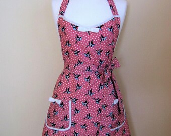 Apron/ Swallows Apron /Retro Apron / Womens Apron / Vintage Style Apron/ Retro Bird Apron / Handmade Apron / Pink Apron