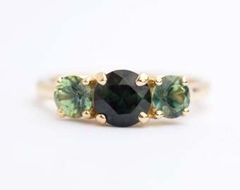 Rare Three Stone Blue Green Sapphire Engagement Ring - Mermaid Bi Color Sapphire Ring in Yellow Gold- Unique Engagement Ring by Anueva