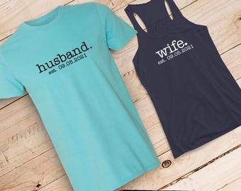 Personalized wife {with Heart} and husband. Tank and T-Shirt Set /// Couples Shirt Set, Honeymoon Shirts, Just Married Shirt | #1435