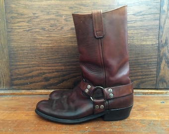 Vintage 1970s Mens Dark Brown Leather Harness Strap Biker ENGINEER BOOTS Size 10.5 D Motorcycle Red Wing Frye Harley Davidson