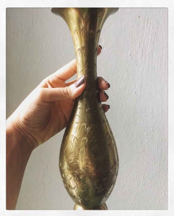 Tall Vintage Etched Brass Vase Brass vase, Etched brass, Vase