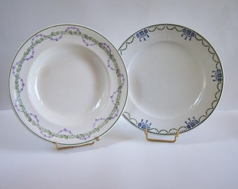 Set of 2 plates (deep and flat) Longwy and St Amand green blue purple garlands and festoons vintage Made in France