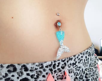 Summer mermaid belly rings, mermaid tail belly button ring, blue jewelry, festival jewellery, bohemian navel ring, dangle belly bar, kawaii