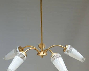 Vintage chandelier lighting with 5 arms. Brass plated metal and glass chandelier from the fifties.
