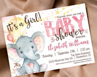 Elephant Baby Shower Invitation Girl, Safari printable invite, INSTANT DOWNLOAD, editable digital file